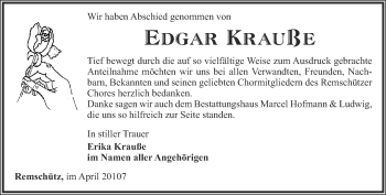 Traueranzeige von Edgar Krauße von Ostthüringer Zeitung