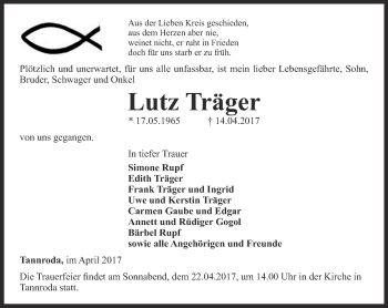 Traueranzeige von Lutz Träger von Thüringer Allgemeine, Thüringische Landeszeitung