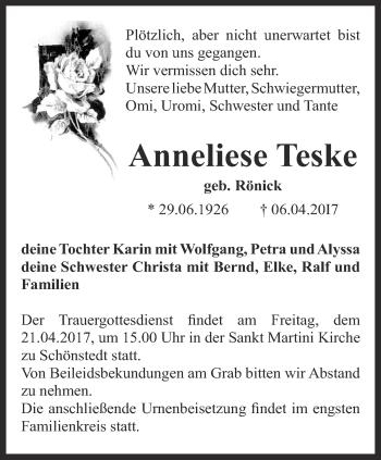 Traueranzeige von Anneliese Teske von Thüringer Allgemeine, Thüringische Landeszeitung