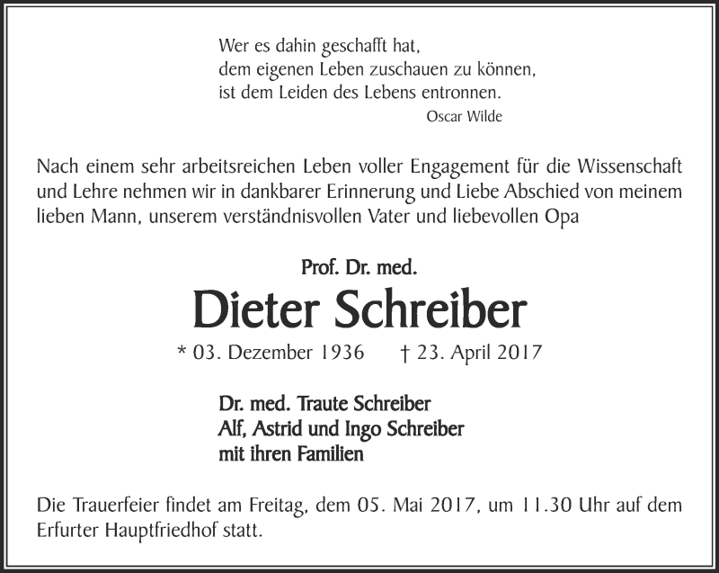  Traueranzeige für Dieter Schreiber vom 29.04.2017 aus Thüringer Allgemeine, Thüringische Landeszeitung