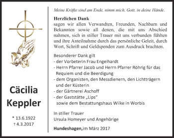 Traueranzeige von Cäcilia Keppler von Thüringer Allgemeine