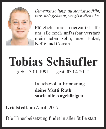 Traueranzeige von Tobias Schäufler von Thüringer Allgemeine