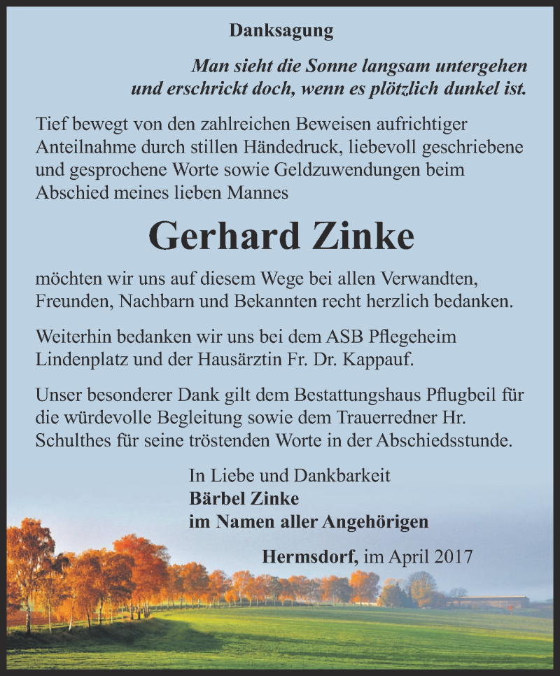  Traueranzeige für Gerhard Zinke vom 29.04.2017 aus Ostthüringer Zeitung