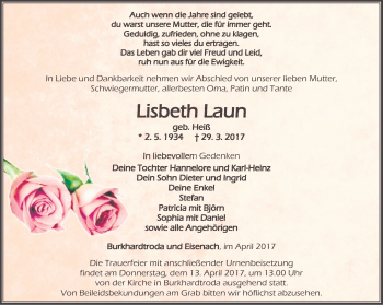 Traueranzeige von Lisbeth Laun von Thüringer Allgemeine, Thüringische Landeszeitung