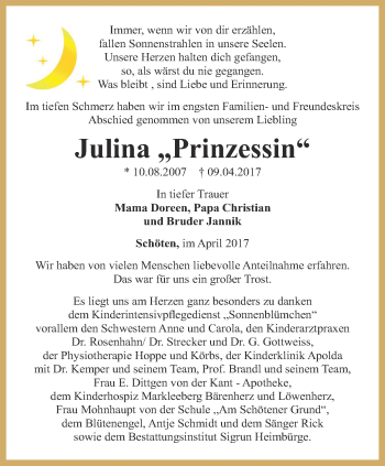 Traueranzeige von Julina Goebel von Ostthüringer Zeitung, Thüringische Landeszeitung