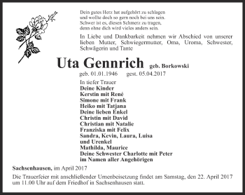 Traueranzeige von Uta Gennrich von Thüringer Allgemeine, Thüringische Landeszeitung