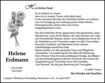 Traueranzeige von Helene Erdmann von Thüringer Allgemeine, Thüringische Landeszeitung