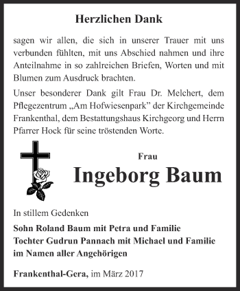 Traueranzeige von Ingeborg Baum von Ostthüringer Zeitung