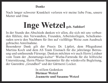 Traueranzeige von Inge Wetzel von Thüringer Allgemeine, Thüringische Landeszeitung