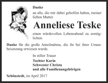 Traueranzeige von Anneliese Teske von Thüringer Allgemeine, Thüringische Landeszeitung