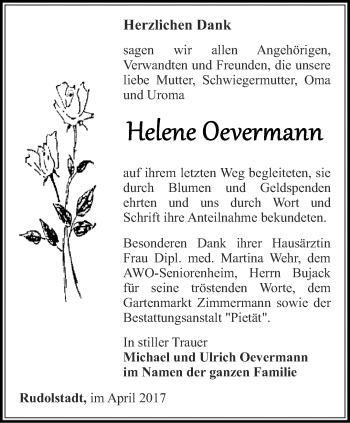 Traueranzeige von Helene Oevermann von Ostthüringer Zeitung