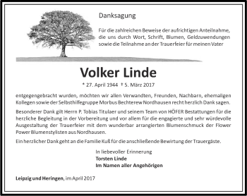 Traueranzeige von Volker Linde von Thüringer Allgemeine