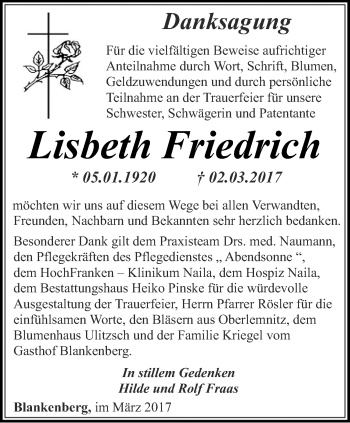 Traueranzeige von Lisbeth Friedrich von Ostthüringer Zeitung