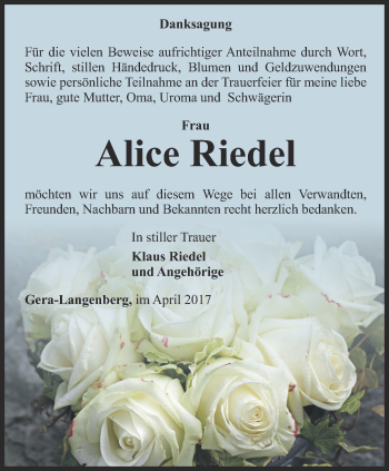 Traueranzeige von Alice Riedel von Ostthüringer Zeitung