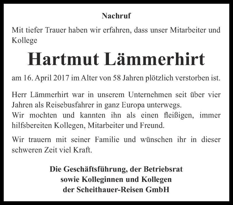  Traueranzeige für Hartmut Lämmerhirt vom 22.04.2017 aus Thüringer Allgemeine