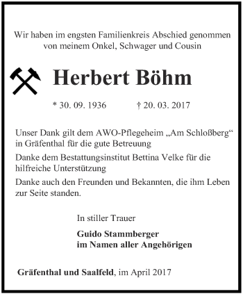 Traueranzeige von Herbert Böhm von Ostthüringer Zeitung