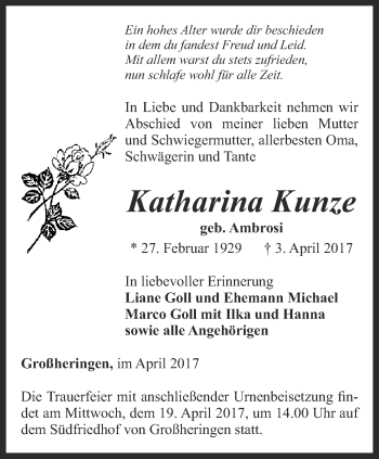 Traueranzeige von Katharina Kunze von Thüringer Allgemeine, Thüringische Landeszeitung