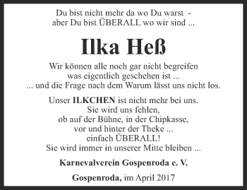 Traueranzeige von Ilka Heß von Thüringer Allgemeine, Thüringische Landeszeitung