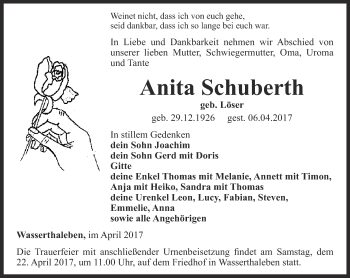 Traueranzeige von Anita Schuberth von Thüringer Allgemeine