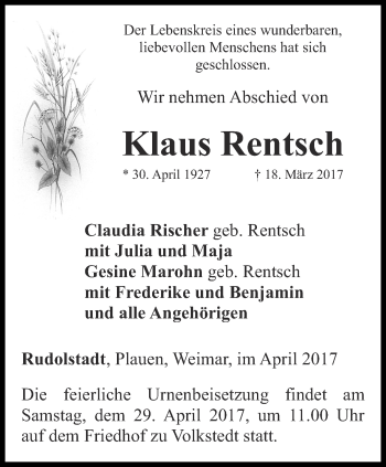 Traueranzeige von Klaus Rentsch von Ostthüringer Zeitung