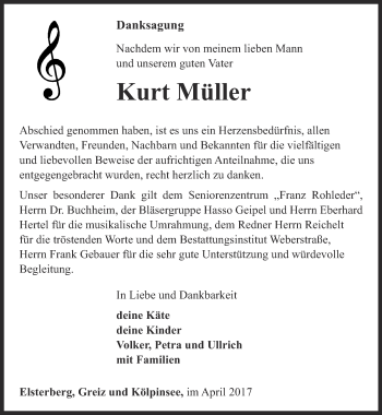 Traueranzeige von Kurt Müller von Ostthüringer Zeitung