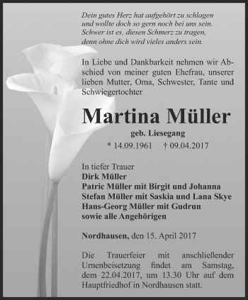 Traueranzeige von Martina Müller von Thüringer Allgemeine