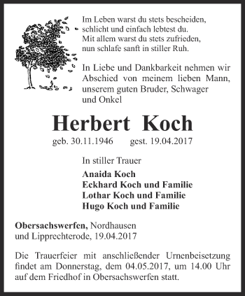 Traueranzeige von Herbert Koch von Thüringer Allgemeine