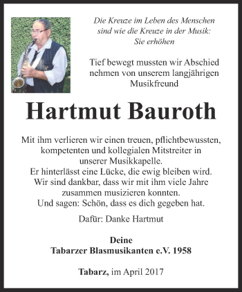 Traueranzeige von Hartmut Bauroth von Ostthüringer Zeitung, Thüringische Landeszeitung