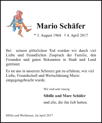 Traueranzeige von Mario Schäfer von Thüringer Allgemeine