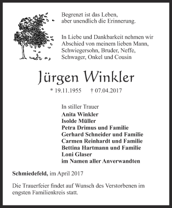 Traueranzeige von Jürgen Winkler von Ostthüringer Zeitung