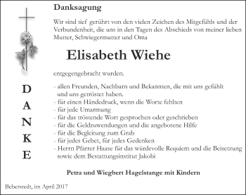 Traueranzeige von Elisabeth Wiehe von Thüringer Allgemeine, Thüringische Landeszeitung