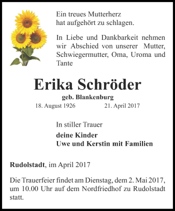 Traueranzeige von Erika Schröder von Ostthüringer Zeitung