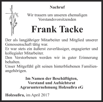 Traueranzeige von Frank Tacke von Thüringer Allgemeine