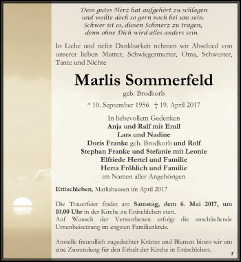 Traueranzeige von Marlis Sommerfeld von Thüringer Allgemeine