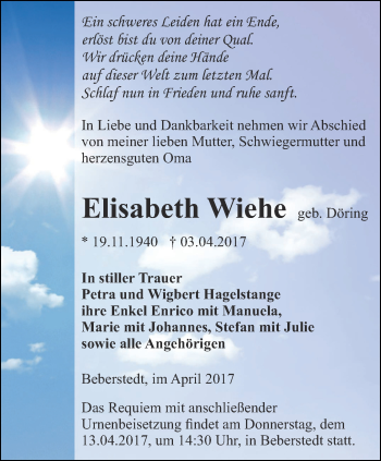 Traueranzeige von Elisabeth Wiehe von Thüringer Allgemeine, Thüringische Landeszeitung