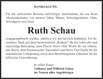 Traueranzeige von Ruth Schau von Ostthüringer Zeitung
