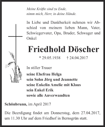 Traueranzeige von Friedhold Döscher von Ostthüringer Zeitung