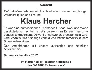 Traueranzeige von Klaus Hercher von Ostthüringer Zeitung