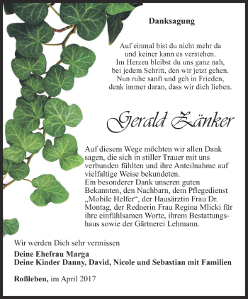 Traueranzeige von Gerald Zänker von Thüringer Allgemeine