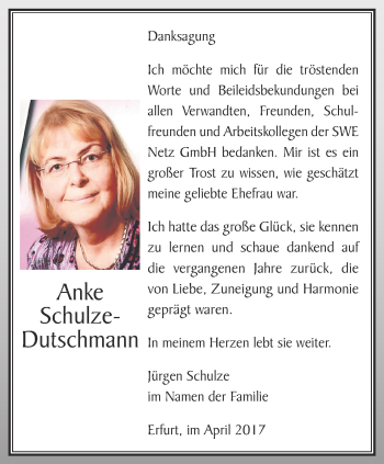 Traueranzeige von Anke Schulze-Dutschmann von Thüringer Allgemeine, Thüringische Landeszeitung