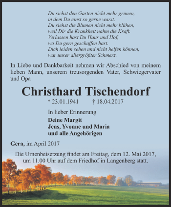 Traueranzeige von Christhard Tischendorf von Ostthüringer Zeitung