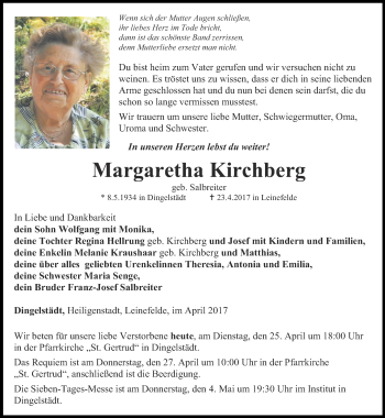 Traueranzeige von Margaretha Kirchberg von Thüringer Allgemeine