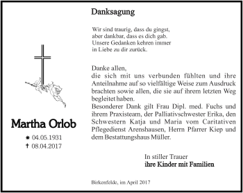 Traueranzeige von Martha Orlob von Thüringer Allgemeine