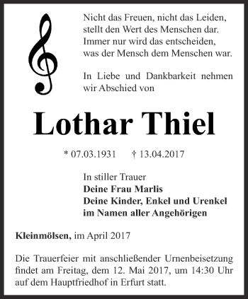 Traueranzeige von Lothar Thiel von Thüringer Allgemeine, Thüringische Landeszeitung