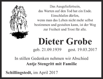 Traueranzeige von Dieter Grobe von Thüringer Allgemeine