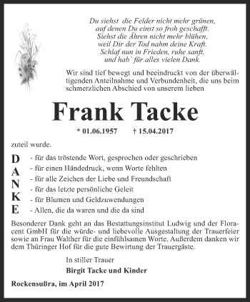 Traueranzeige von Frank Tacke von Thüringer Allgemeine