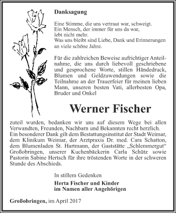Traueranzeige von Werner Fischer von Thüringer Allgemeine, Thüringische Landeszeitung