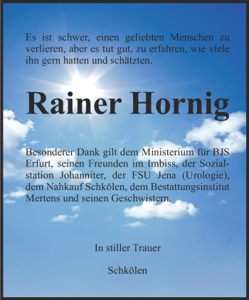 Traueranzeige von Rainer Hornig von Ostthüringer Zeitung