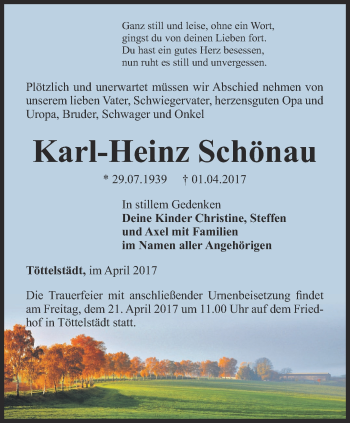 Traueranzeige von Karl-Heinz Schönau von Thüringer Allgemeine, Thüringische Landeszeitung