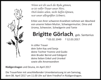 Traueranzeige von Brigitte Görlach von Thüringer Allgemeine